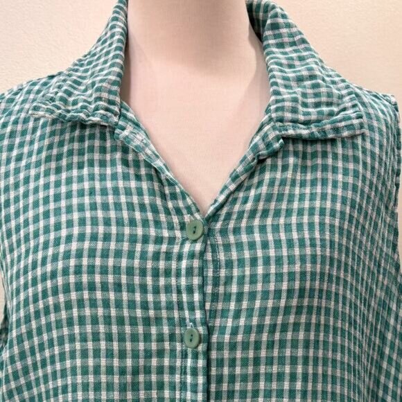 FLAX Design Size L Dress Maxi Jade Green Gingham 100% Linen Woven Sleeveless - Picture 5 of 14